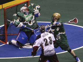 Mammoth forward Stephen Keogh gets past Rock goalie Nick Rose during Colorado’s 14-11 win at the ACC on Friday night. (STAN BEHAL/Toronto Sun)