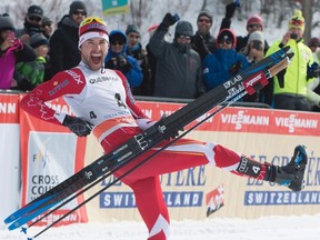 Canada's Alex Harvey reacts after winning the 1.5 km freestyle sprint race on March 17, 2017 at the FIS World Cup cross country finals in Quebec City. (THE CANADIAN PRESS/Jacques Boissinot)