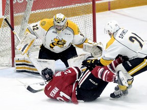Sarnia Sting goalie Justin Fazio makes a save while Sting defenceman Kevin Spinozzi battles Guelph Storm's James McEwan on Friday at the Sleeman Centre in Guelph.