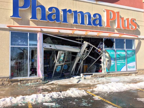 Rexall pharmacy on Barrhaven Road suffered extensive damages after a ctruck crashed through Saturday. (Eliza Schulzke, Postmedia)