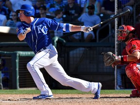 Pete O'Brien unloads a two-run homer during an exhibition game against the Angels on Tuesday, his fifth blast of the spring. (John Sleezer, Kansas City Star via AP)