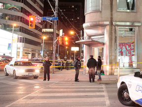 A stabbing on Yonge St., just north of Dundas St., was among the several violent incidents Toronto Police responded to as St. Patrick's Day wound down in the city. (JOHN HANLEY)