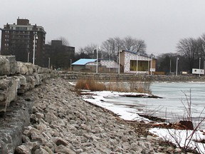 An armour-stone wall lines the shore at Centennial Park, where remediation work is expected to wrap up in June. An event to celebrate the park's re-opening has been proposed for June 17.