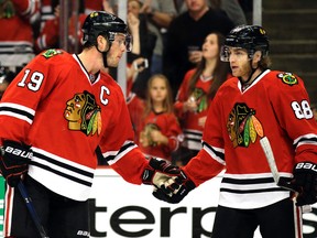 Blackhawks centre Jonathan Toews (left) and right wing Patrick Kane have won three Stanley Cup championships together, and continue to be a perennial playoff contenter. (Nam Y. Huh/AP Photo/Files)