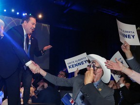 Jason Kenney shakes hands with supporters after winning the Alberta PC leadership in downtown Calgary on Saturday March 18, 2017. Gavin Young/Postmedia Network