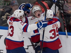 Edmonton Oil Kings Conner McDonald celebrates his goal with teammates Nicholas Bowman (13) and Ty Gerla (39) against the Regina Pats during second period WHL action on Friday February 10, 2017 in Edmonton. The Oil Kings will close out their WHL season on Sunday against the Red Deer Rebels at Rogers Place.