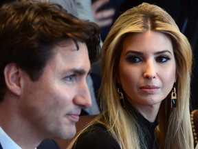 Justin Trudeau and Ivanka Trump sit beside each other at the White House.