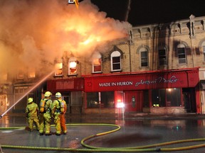 Ontario Provincial Police shut down a main intersection in Clinton Saturday, following an early morning fire. (Submitted photo)