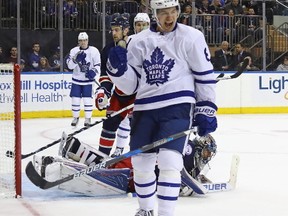 Maple Leafs Connor Carrick scores during a powerplay in a game against the New York Rangers on Jan. 13. (GETTY IMAGES)