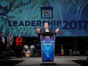 Jason Kenney delivers his victory speech at the Alberta PC Party leadership convention in Calgary, Alta., Saturday, March 18, 2017. THE CANADIAN PRESS/Jeff McIntosh