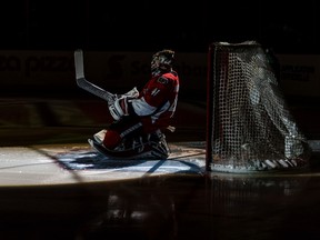 Craig Anderson of the Ottawa Senators stretches during player introductions prior to a game against the Montreal Canadiens at Canadian Tire Centre on March 18, 2017. (Jana Chytilova/Freestyle Photography/Getty Images)