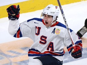 United States forward Colin White celebrates his goal against Canada during the gold medal game at the IIHF World Junior Championship on Jan. 5, 2017 in Montreal. (THE CANADIAN PRESS/Paul Chiasson)