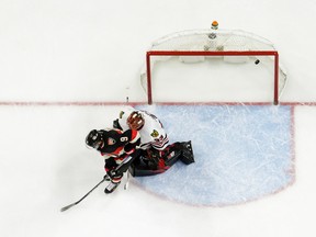 Bobby Ryan of the Ottawa Senators provides a screen in front of Scott Darling of the Chicago Blackhawks during an NHL game at Canadian Tire Centre on March 16, 2017. (Jana Chytilova/Freestyle Photography/Getty Images)