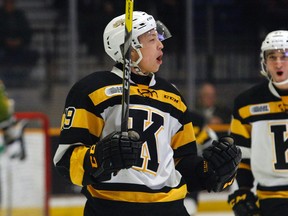Kingston Frontenacs’ Jason Robertson celebrates his tiebreaking third-period goal with captain Stephen Desrocher during Kingston’s 5-4 Ontario Hockey League victory in North Bay on Sunday. (Dave Dale/Postmedia Network)