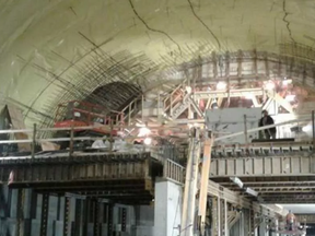 A photo from Feb. 9 shows arch final concrete lining work in Parliament Station cavern.