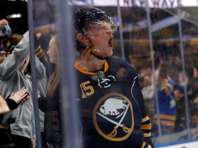 Jack Eichel of the Buffalo Sabres celebrates after scoring on the Arizona Coyotes during an NHL game at the KeyBank Center on March 2, 2017. (Kevin Hoffman/Getty Images)