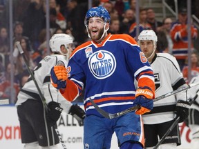 Edmonton Oilers' Eric Gryba celebrates a goal against the Los Angeles Kings in Edmonton on Dec. 29, 2016. (The Canadian Press)