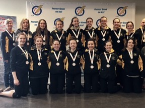 Members of the Mitchell U16A ringette team with their bronze medals in the McCarthy Division (second tier) they won at the ORA championships in Pickering this past weekend. SUBMITTED