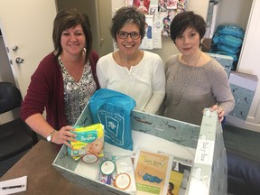 BRUCE BELL/THE INTELLIGENCER
The Belleville Pregnancy & Family Care Centre is now the local distributor for baby boxes, a safe sleeping space for newborns. Pictured with one of the boxes are (from left) Marg Kew, Heather Tapp and Darla Keene at the Belleville office.