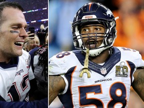 File photos show New England Patriots' Tom Brady, left, celebrating with coach Bill Belichick after the Patriots defeated the Atlanta Falcons in NFL Super Bowl 51 in Feb. 5, 2017, and Denver Broncos’ Von Miller, right, during Super Bowl 50 in Feb. 7, 2017. (AP file photo)