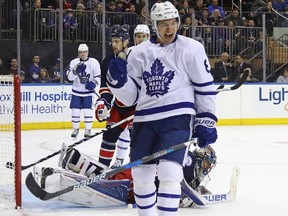 Connor Carrick #8 of the Toronto Maple Leafs scores on the powerplay at 13:20 of the third period against the New York Rangers at Madison Square Garden on January 13, 2017 in New York City. (Bruce Bennett/Getty Images)