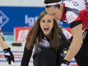 Canada's Rachel Homan reacts after releasing a stone against Switzerland during the World Women's Curling Championship held in Beijing's Capital Gymnasium on Monday, March 20, 2017. (Ng Han Guan/AP Photo)