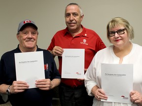 Chatham-Kent Health Coalition members, from left, Dave Hebblethwaite, Rick MacLean and Shirley Roebuck, are pictured with copies of a health survey the group conducted that was released in Chatham, Ont. on Monday March 20, 2017. (Ellwood Shreve/Chatham Daily News)