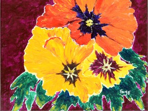 An acrylic work called 3 Pansies by artist Faye Simmons. (Photo courtesy Theresa Van)