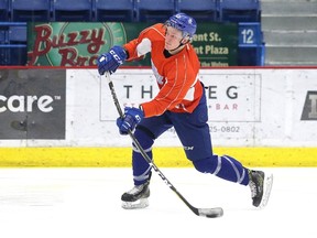Sudbury Wolves forward Michael Pezzetta fires a shot during practice at Sudbury Community Arena on Monday afternoon. Gino Donato/The Sudbury Star