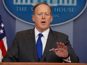 White House press secretary Sean Spicer speaks during the daily press briefing at the White House in Washington, Monday, March 20, 2017. (AP Photo/Evan Vucci)