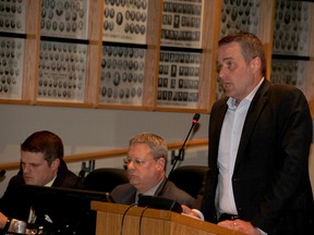 Tomo Matesic, president of Entegrus Transmission, speaks about the need for greater high-speed Internet connectivity during Monday's council meeting. Also shown are Adam Sullo, director of engineering and transportation, left, and chief financial officer Mike Turner. (Trevor Terfloth/The Daily News)