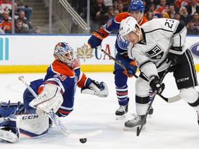 Edmonton Oilers goaltender Cam Talbot stops Los Angeles Kings' Dustin Brown at Rogers Place in Edmonton on Monday, March 20, 2017. (Ian Kucerak)