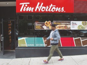 A pedestrian walk past a Tim Hortons coffee shop in downtown Toronto June 29, 2016. (THE CANADIAN PRESS/Eduardo Lima)