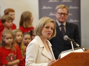 Premier Rachel Notley and Education Minister David Eggen spoke Tuesday morning at Woodhaven Middle School in Spruce Grove. Greg Southam/Postmedia