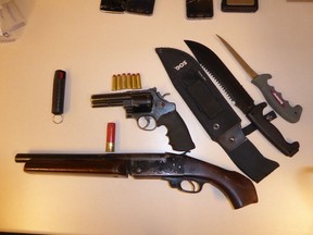 Weapons allegedly seized during a vehicle stop on Saturday, March 18, 2017 in the Kingston Rd. and Highway 401 area.