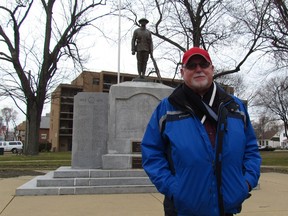 Sarnia's Ellwood Phillips stands Monday at the cenotaph in Sarnia, where his great uncle, David Montgomery, is listed as one of four men with Sarnia connections who died 100 years ago at Vimy Ridge.
Paul Morden/Sarnia Observer/Postmedia Network