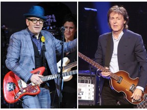 In this combination photo, musicians Elvis Costello, left, performs at "The Music of Prince" tribute concert on March 7, 2013, in New York and Paul McCartney performs during his "Out There Tour 2015" on June 21, 2015, in Philadelphia. A new Paul McCartney reissue of "Flowers in the Dirt" offers two audio discs that are devoted to McCartney's songwriting collaboration with Elvis Costello in 1987 and 1988. (Photo by Evan Agostini, left, and Owen Sweeney/Invision/AP, Files)