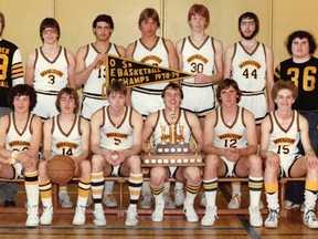 Annandale HS senior boys won their first Oxford-Elgin senior boys basketball championship in 1978-79. From left are (front) Danee Fulop, Paul Molnar, Brad Sergeant, Steve Garnham, Rick Pasztor, Tom Allin, (back row) coach Jim Donaldson, Paul Belcher, Rob Gilvesy, Richard Nemeth, Chris Irvine, Greg Tilford and manager Mike Baxter. (CONTRIBUTED PHOTO)