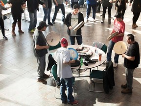 The Lakeland College Aboriginal Student Advisory Committee hosted a Round Dance featuring Onion Lake Cree Nation, Sask. singers Singers were from Onion Lake First Nation.Clint and Leon Whitstone, Freeman Trottier, and Tyler Cardinal in the Servus Credit Union Hospitality Centre on Wednesday, March 15, 2017, in Lloydminster, Alta. The committee held the event in relation to Aboriginal Awareness Week. Taylor Hermiston/Vermilion Standard/Postmedia Network.