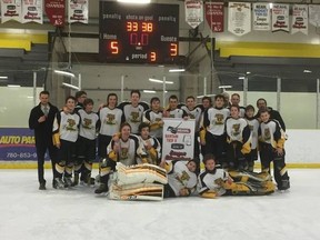he Vermilion Lakeland College Bantam Tigers with their NEAHL banner. Submitted Photo.