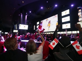 Fans gather at Real Sports Bar beside the Air Canada Centre in Toronto to watch Team Canada's men's hockey team win the gold medal against Sweden on Feb. 23, 2014. Telecommunications giants Bell and Rogers are increasing fees to bars that broadcast sports channels TSN and Sportsnet. (Michael Peake/Toronto Sun/Files)