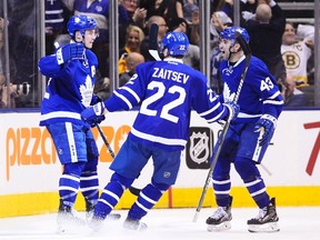Maple Leafs forwards Tyler Bozak (left) and Nazem Kadri are drawing similarities in the atmosphere during the team's push for the playoffs and the last time Toronto reached the post-season, in 2013. (THE CANADIAN PRESS/PHOTO)
