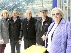 Skate Sarnia has donated $10,000 to help kick off a $491,000 fundraising campaign for upgrades at Sarnia Arena. VP Maureen O'Grady, left, is pictured rinkside with City of Sarnia Parks and Recreation Director Rob Harwood, fundraising chairperson Greg Burr, skate club treasurer Doug Jackson, and club president Barb Lewis. (Tyler Kula/Sarnia Observer)