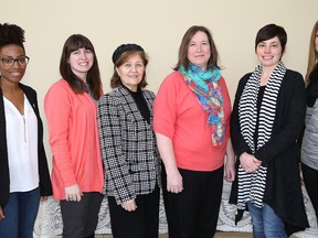 The 2017 YWCA Sudbury Women of Distinction recipients include Chrisanne Daniel, left, Jessica Watts, Maha Dabliz, Heather Campbell and Laura Stradiotto of Latitude 46 Publishing, and Chantal Mayer-Crittenden. Missing from photo are Christine Lafortune and Stephanie Baker. John Lappa/Sudbury Star/Postmedia Network