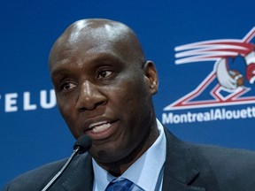 Newly appointed Montreal Alouettes general manager Kavis Reed responds to questions during a news conference, on Dec. 14, 2016, in Montreal. (The Canadian Press)