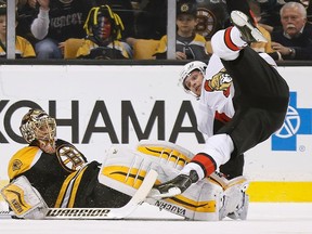 Ottawa Senators’ Bobby Ryan (right) has had success against Boston Bruins goaltender Tuukka Rask in the past. (AP)