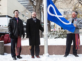 A Metis flag-raising ceremony in 2014. Edmonton will now fly the Metis Nation flag all year. (FILE)