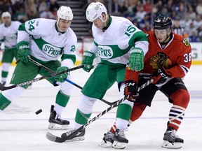 Toronto Maple Leafs left winger Matt Martin (15) and centre Brian Boyle (24) face the Chicago Blackhawks on March 18, 2017. (NATHAN DENETTE/The Canadian Press)