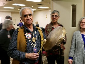 Leon Fleury of the Metis Nation bangs his drum to lead everyone to their lunch at the Indigenous Education Day at the Quality Inn Hotel in Woodstock on Tuesday. (BRUCE CHESSELL/Sentinel-Review)