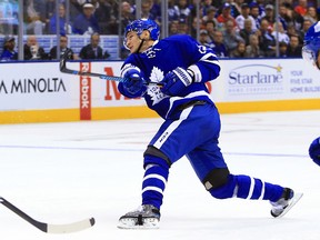 Nikita Zaitsev #22 of the Toronto Maple Leafs shoots and scores a goal against the Montreal Canadiens at Air Canada Centre on October 2, 2016 in Toronto. (Vaughn Ridley/Getty Images)